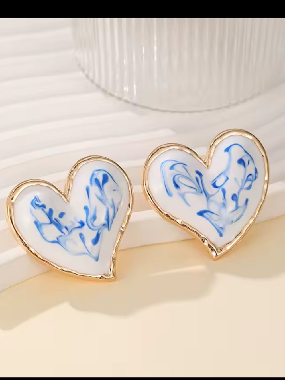 Gold Heart Stud Earrings with Blue Marble Enamel
